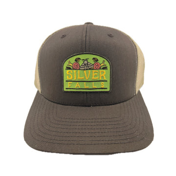 1 of 1, Silver Falls Brown/Khaki Trucker w/ Bugs Embroidered Patch | Patchmarks Oregon State Parks