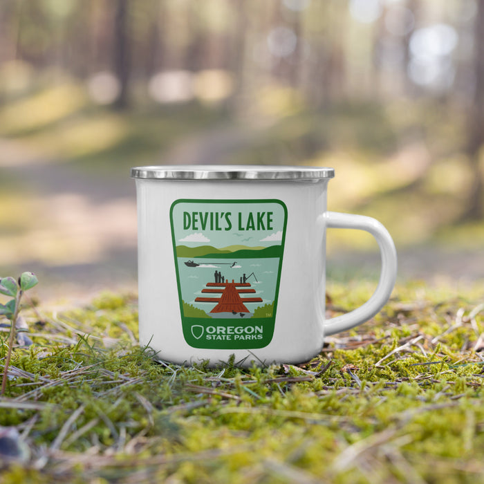 Devils Lake Enamel Mug, 12oz | Patchmarks Oregon State Parks